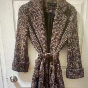 Zara brown plaid wool mohair blend belted tweed coat trench tie waist minimal